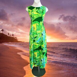 Lilia Honolulu Hawaiian Vintage Green Floral Pleated Drape Back Maxi Dress XS